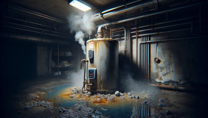 A distressed water heater in a basement, showing signs of rust, leaks, and steam with discoloured water surrounding it.