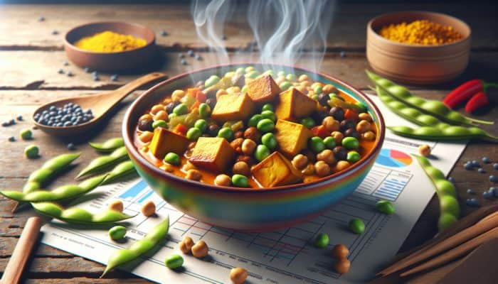 A vibrant curry featuring tofu, chickpeas, lentils, and edamame served in a rustic bowl.
