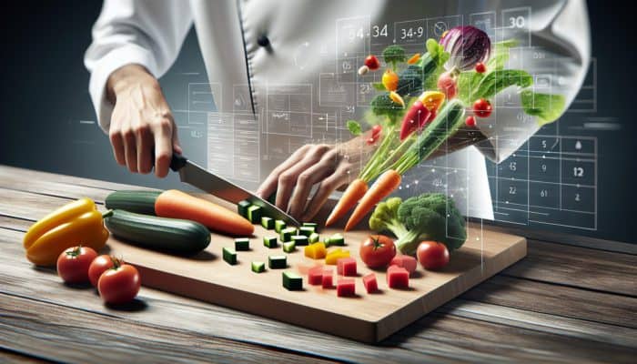 A chef skillfully chopping colourful vegetables into uniform cubes on a wooden board using a sharp knife.