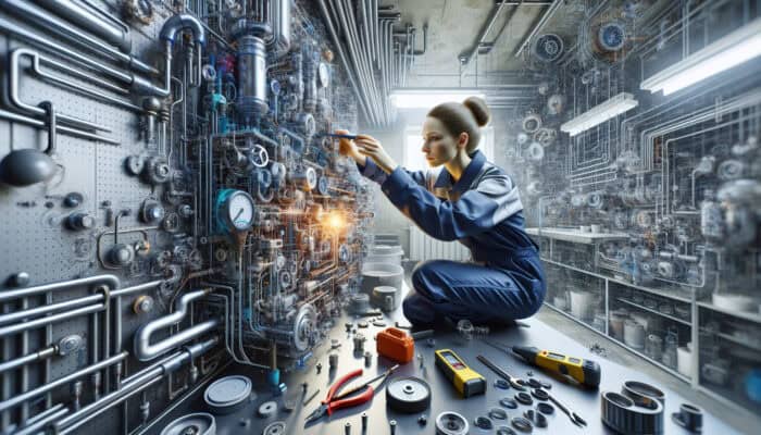 A technician in safety gear expertly cleans and inspects a modern boiler in a well-lit basement, using tools to check for leaks and ensure longevity.