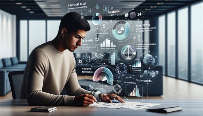 A financial expert analyzing a chart of loan details with customer testimonials in a modern office.