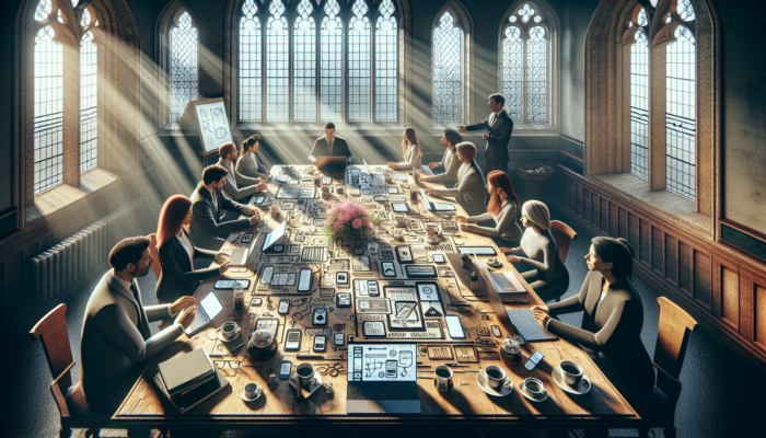 Experts in a Sherborne workshop discussing mobile website design, surrounded by laptops, smartphones, sketches, coffee, and sunlight through windows.