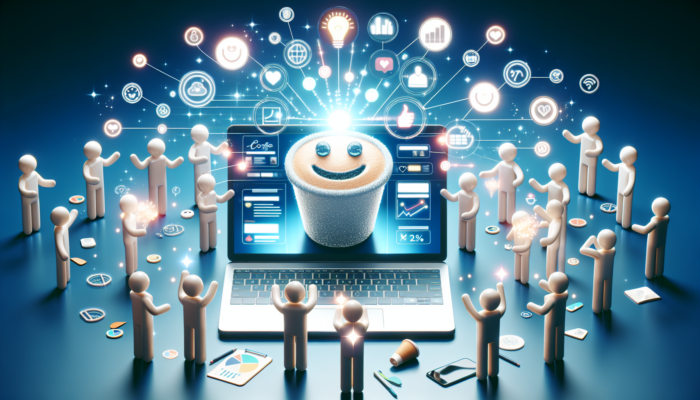 A modern website for a Poole coffee shop displayed on a laptop, featuring interactive menus, engaging blog posts, and enthusiastic customers sharing on social media.