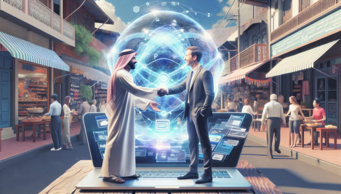 Kingsbridge scene: Small business owner shaking hands with local web developer over laptop showing tailored website, amid bustling shops.