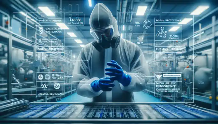 Worker in UK food processing plant wearing certified polythene gauntlet gloves, handling hazardous substances safely.