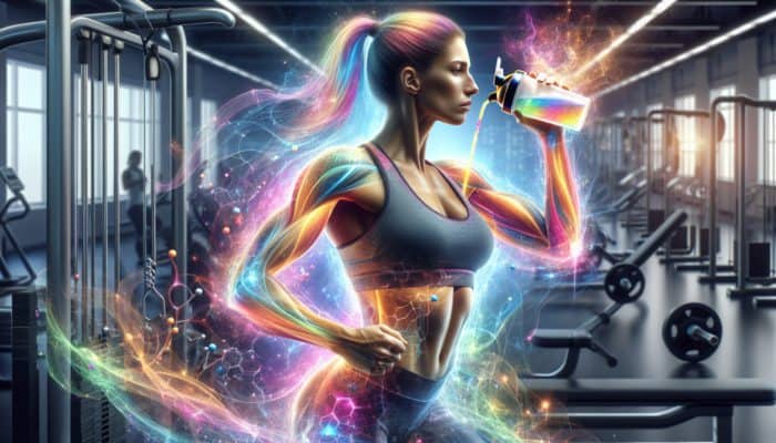 Athlete in modern gym mixing colorful energy drink, with glowing molecules boosting veins, surrounded by vibrant energy waves and fitness equipment.