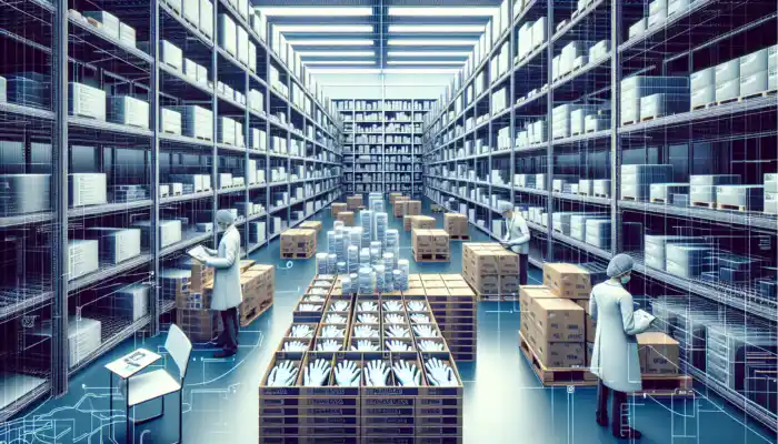 A modern warehouse in Chichester with shelves of various sterile gloves; suppliers in lab coats inspecting packaging.