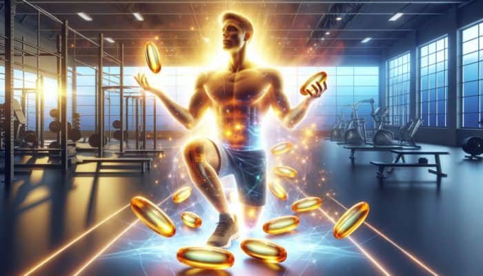 A vibrant athlete in a sunlit gym holds omega-3 capsules, with glowing effects symbolizing reduced inflammation and faster recovery.