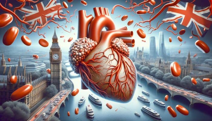 LDL cholesterol particles clogging arteries in a human heart, with Big Ben and Thames in the background, symbolising UK health impacts.