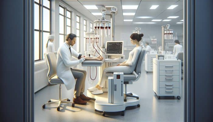 A healthcare professional in a white coat draws blood from a patient's arm for thyroid testing in a modern clinic equipped with advanced technology.