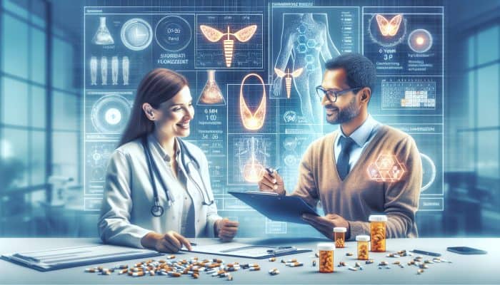 A compassionate doctor in a modern UK clinic reviews thyroid results with a patient, surrounded by charts, a follow-up calendar, and medication bottles.