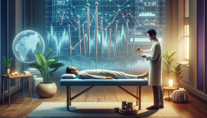 Average Cost of Acupuncture Sessions: A relaxed patient receiving acupuncture in a serene clinic, with an acupuncturist reviewing a price chart and calming decor.