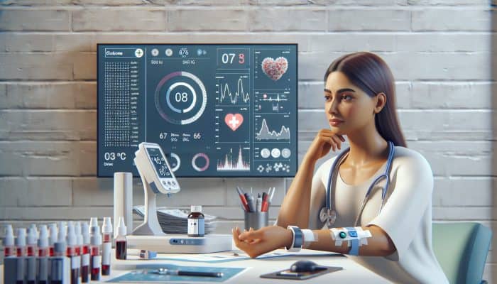 In a modern UK clinic, a diverse patient undergoes an HbA1c blood test as a doctor reviews digital charts, surrounded by glucose meters and health posters.