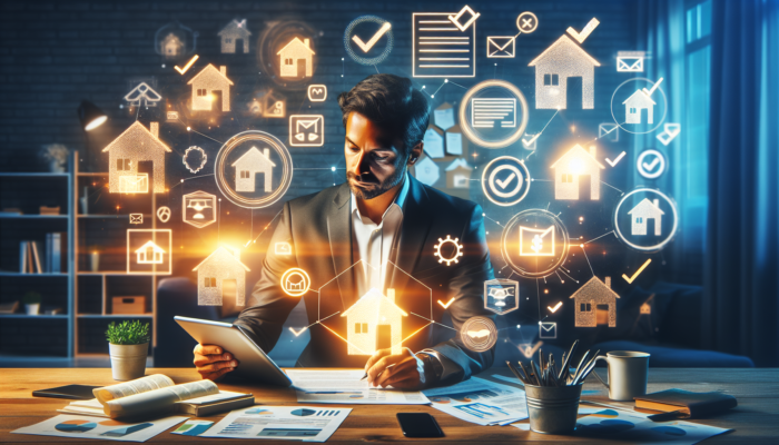 A diverse professional reviews home loan eligibility on a tablet, surrounded by house icons, documents, and checkmarks in a cozy office.