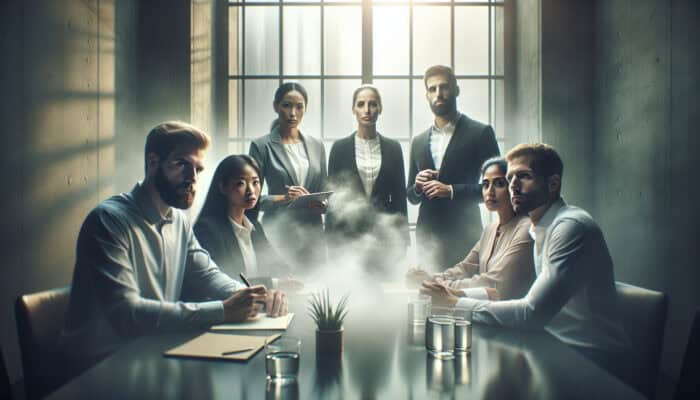 A diverse business team in a modern conference room faces a foggy barrier, using notepads and charts to collaborate and solve problems under soft lighting.