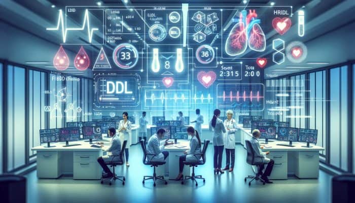 Cholesterol Blood Test in Evesham: Modern medical lab in Evesham: technicians analyze cholesterol blood samples on screens, while patients consult doctors about heart health charts.