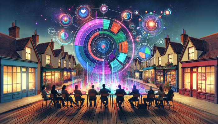 Business owner in Wotton-under-Edge views dashboard of traffic, engagement, and conversion graphs, surrounded by shops and social media icons.