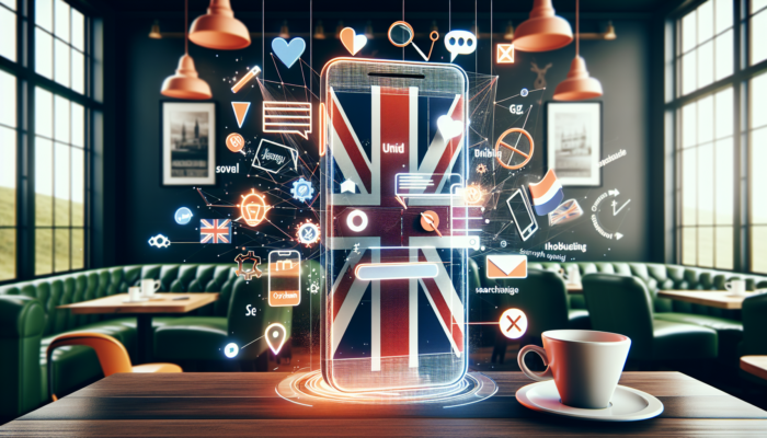 A smartphone screen in a Corsham coffee shop displaying a fast-loading mobile website featuring UK flags, local SEO keywords, and a Google My Business profile.
