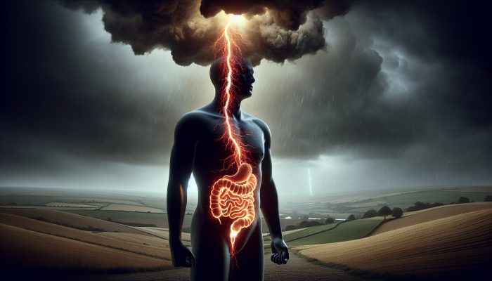 Surreal illustration: Human silhouette with glowing, inflamed gut sending red tendrils to stormy brain, symbolising poor gut health's impact on UK mental wellbeing.