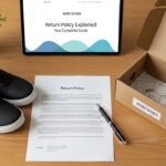 An arrangement features a pair of black Xero Shoes, a return policy guide with a pen, an open Xero Shoes box, and a tablet displaying "Return Policy Explained" on a wooden desk beside a small potted plant.