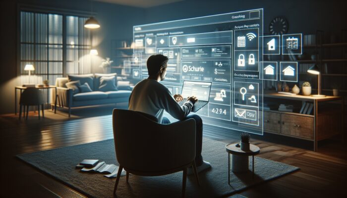 An individual examining online booking details on a laptop in a comfortable home office, featuring secure payment icons and a calendar.