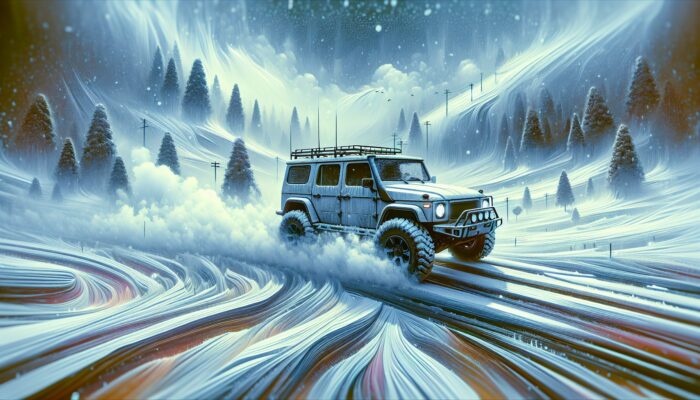 A rugged SUV fitted with snow tyres and a robust heating system driving safely through icy, snowy roads.