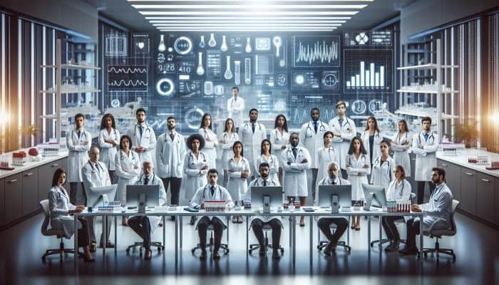 Medical experts in white coats discuss diabetes blood testing in a modern Widnes lab with test tubes and digital charts.