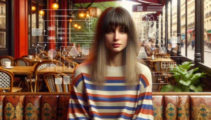 A chic 1960s woman with Jane Birkin-style bangs, long straight hair, in a bohemian Paris café wearing a striped tee.
