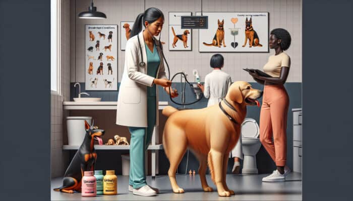 A veterinarian examines a spayed female Golden Retriever in a modern clinic, with charts on breed incontinence risks and health supplements nearby.