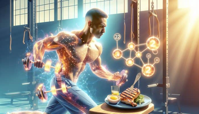 An athlete lifting weights while eating grilled chicken and eggs, with glowing protein molecules, in a sunlit gym and descending scale.