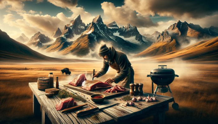 A chef seasons fresh bison meat on a weathered wooden table in the Montana wilderness, with a smoky grill and mountain peaks.