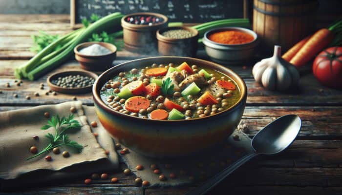 A steaming bowl of lentil soup with carrots, celery, lentils, chicken, and herbs on a rustic wooden table in a cozy kitchen.
