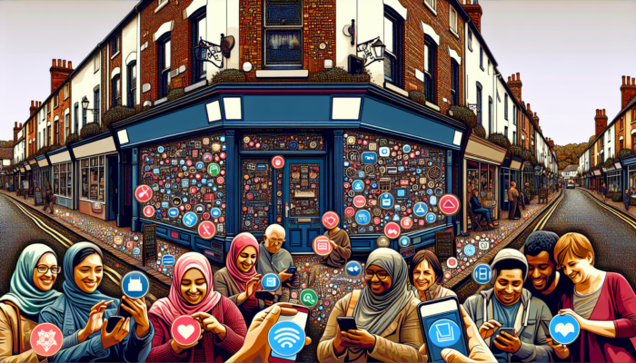 Bustling street in Blandford Forum: business owners using smartphones and laptops near shops with social media icons, symbolising digital growth.