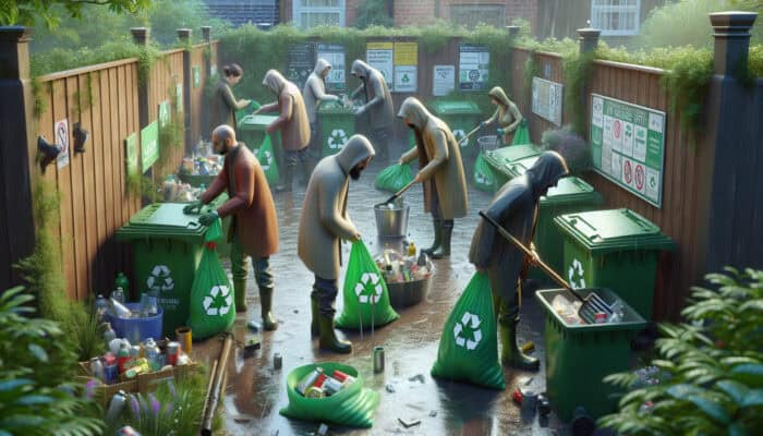 Eco-conscious individuals in a rainy UK garden sorting waste into green biodegradable bags using recycled tools and recycling signs.