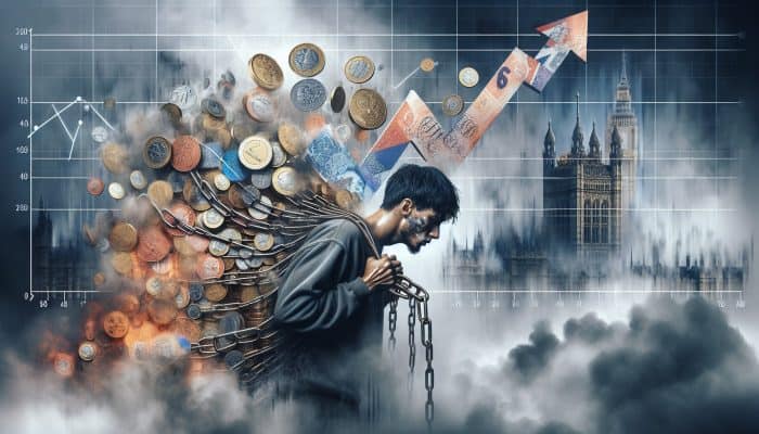 Debt Consolidation and Economic Shifts: Effective Approaches | DCL A stressed person entangled in chains of oversized coins and notes on a foggy London street, with a rising graph symbolizing debt risks.
