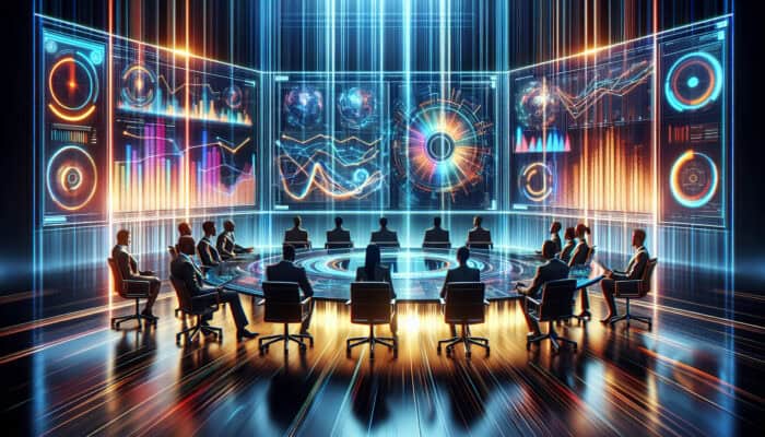 Experts in sleek attire analyse glowing data charts and holograms of virtual assistants in a futuristic conference room.