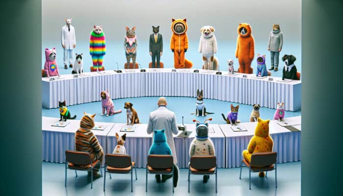 A vibrant pet costume contest with dogs and cats in creative, inclusive outfits, judged by officials on originality and comfort.