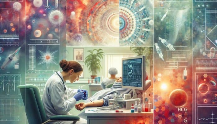 Pregnancy Blood Test in Kirkby: A nurse in a serene NHS clinic in Kirkby draws blood from a relaxed pregnant woman, with hCG diagrams and charts on the wall.