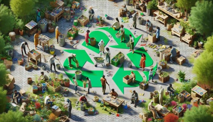 Incorporating Recycled Tools Daily: Diverse people in a community using recycled tools for gardening and repairs, surrounded by lush greenery and recycle symbols, promoting sustainability.