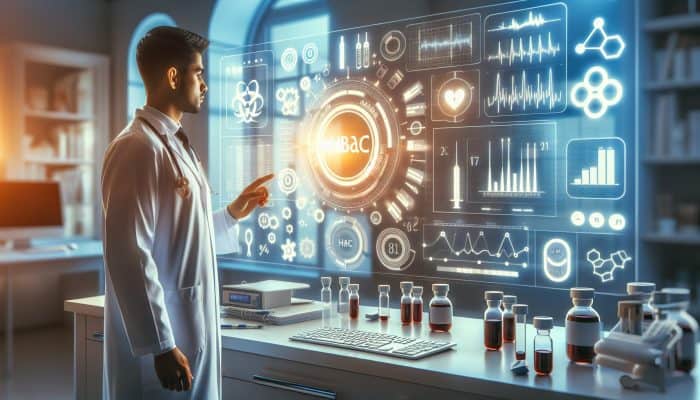 Healthcare professional examining HbA1c test results in a modern NHS lab, surrounded by vials and charts.