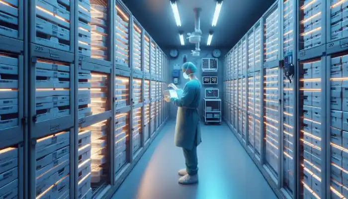 A sterile NHS storage room featuring stacked medical glove boxes in climate-controlled cabinets, with an inspector checking gauges and charts.