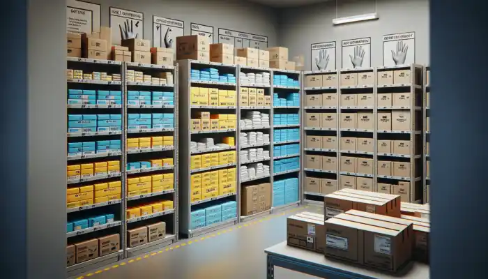 Neatly organised shelves in a UK medical depot showcasing colour-coded glove boxes, labelled by size, type, and intended use.