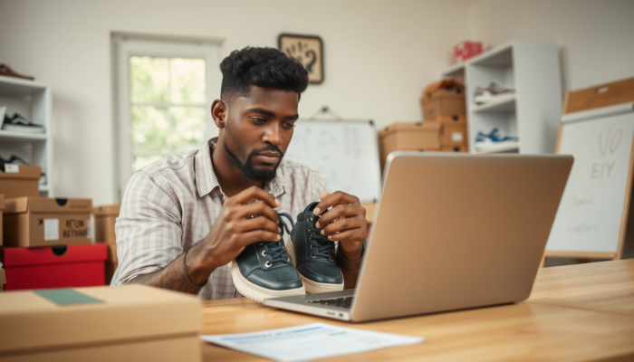 Person thoughtfully examining shoes in a cosy room with shoe boxes and a laptop displaying a return policy document.