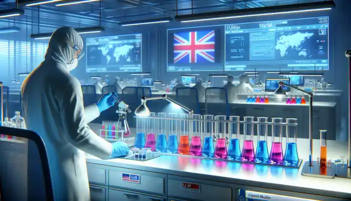 A scientist in a white coat wearing blue nitrile gloves while handling vibrant chemicals in a sterile UK laboratory with high-tech equipment.