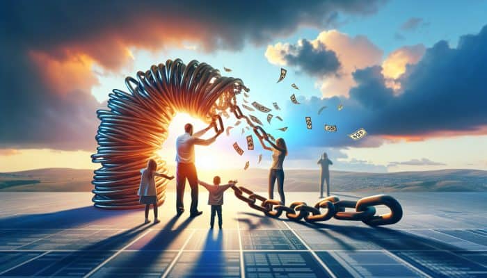 Debt Consolidation for Child Support Debt: A Guide to Relief | DCL A stressed parent merges scattered debt chains into a glowing rope, with family embracing under a hopeful sunrise, symbolising financial relief and unity.