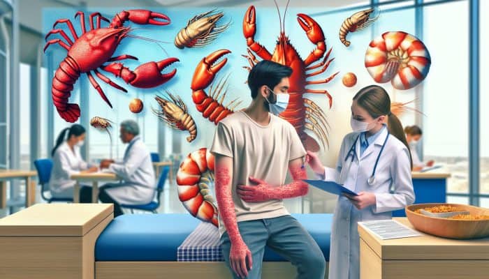 Shellfish Intolerance Test in Tipton: Illustration of a diverse patient with hives and stomach discomfort in a bustling NHS clinic, as a doctor reviews shellfish allergy tests near posters of crabs and shrimp.