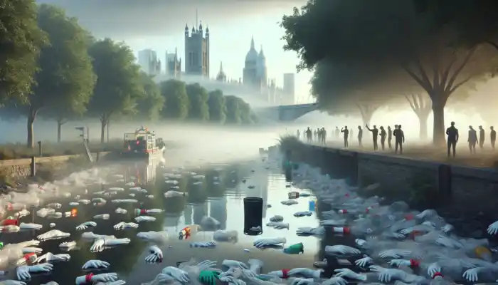 Discarded vinyl gloves litter a foggy UK riverbank, near recycling bins and eco-friendly alternatives, with activists holding signs in misty greenery.
