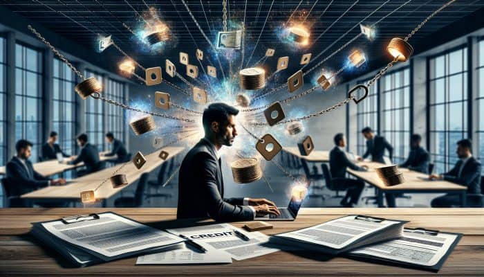 How to Choose Your First Debt Consolidation Loan | DCL Borrower reviews credit reports in a modern London office, surrounded by documents and symbolic debt chains merging into a golden key for financial freedom.