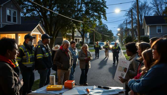 Diverse community members participating in a neighbourhood watch programme and safety workshop, patrolling a well-lit street with maps and safety tools, highlighting collaboration and safety awareness.