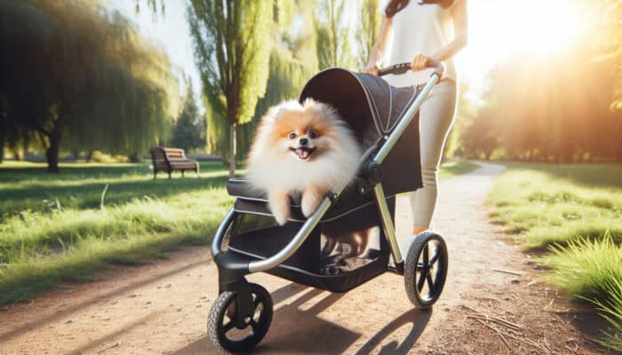 Pet Strollers for Small Breeds: A cheerful Pomeranian dog lounges comfortably in a modern pet stroller, pushed by a smiling owner on a sunny park trail.
